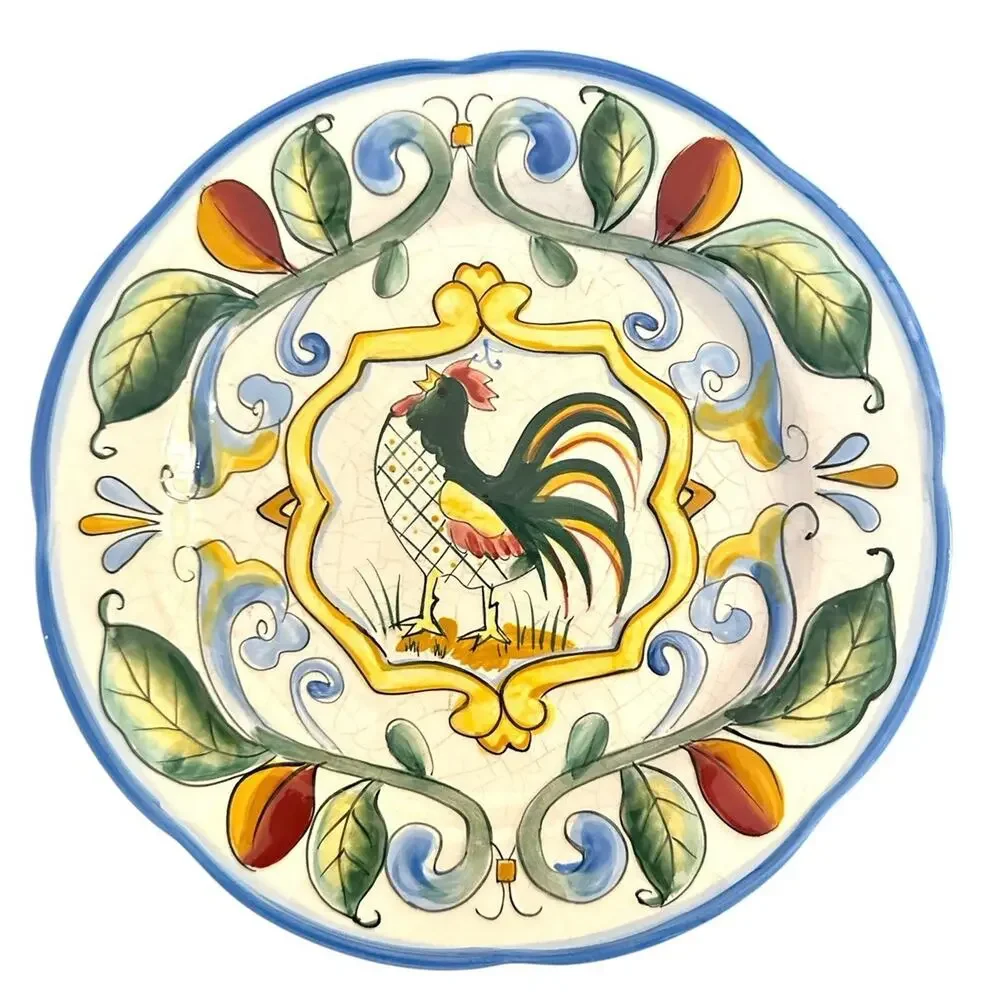 Set Of 2 Fitz & Floyd Ricamo Rooster Motif Salad Plates 8” Hand Painted